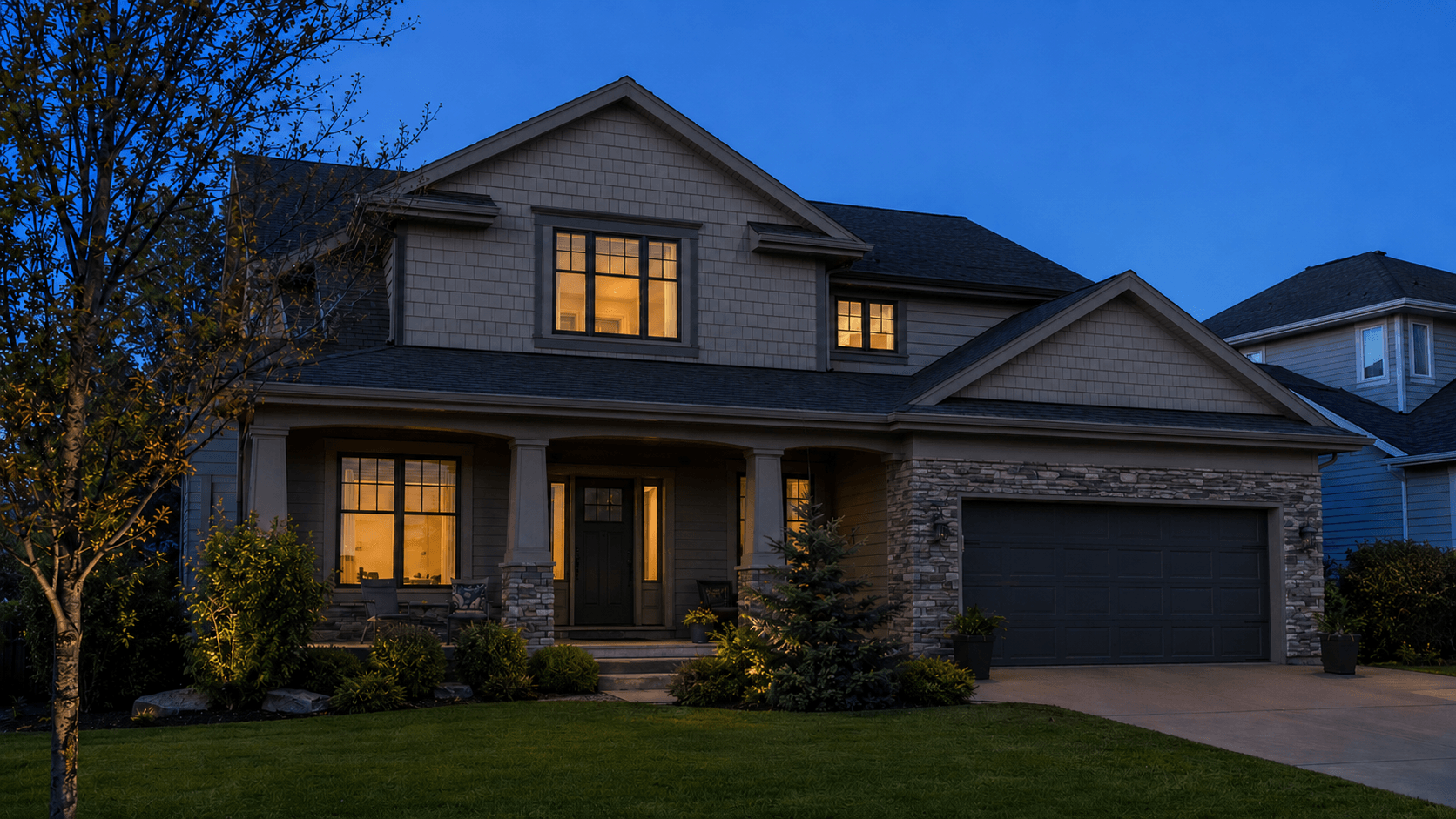 Lighting concept sequence on a sample two story craftsman home: shown unlit, then mapped, then with warm white permanent roofline lighting and landscape lighting