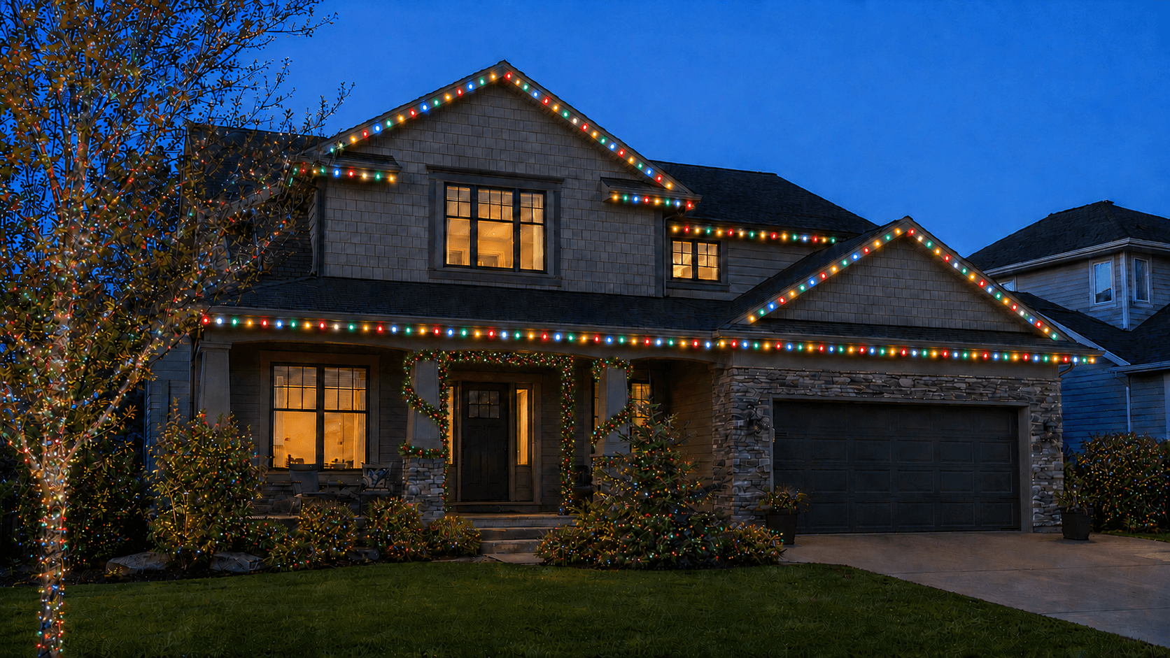 Lighting concept of multicolor C9 Christmas lighting on the sample home