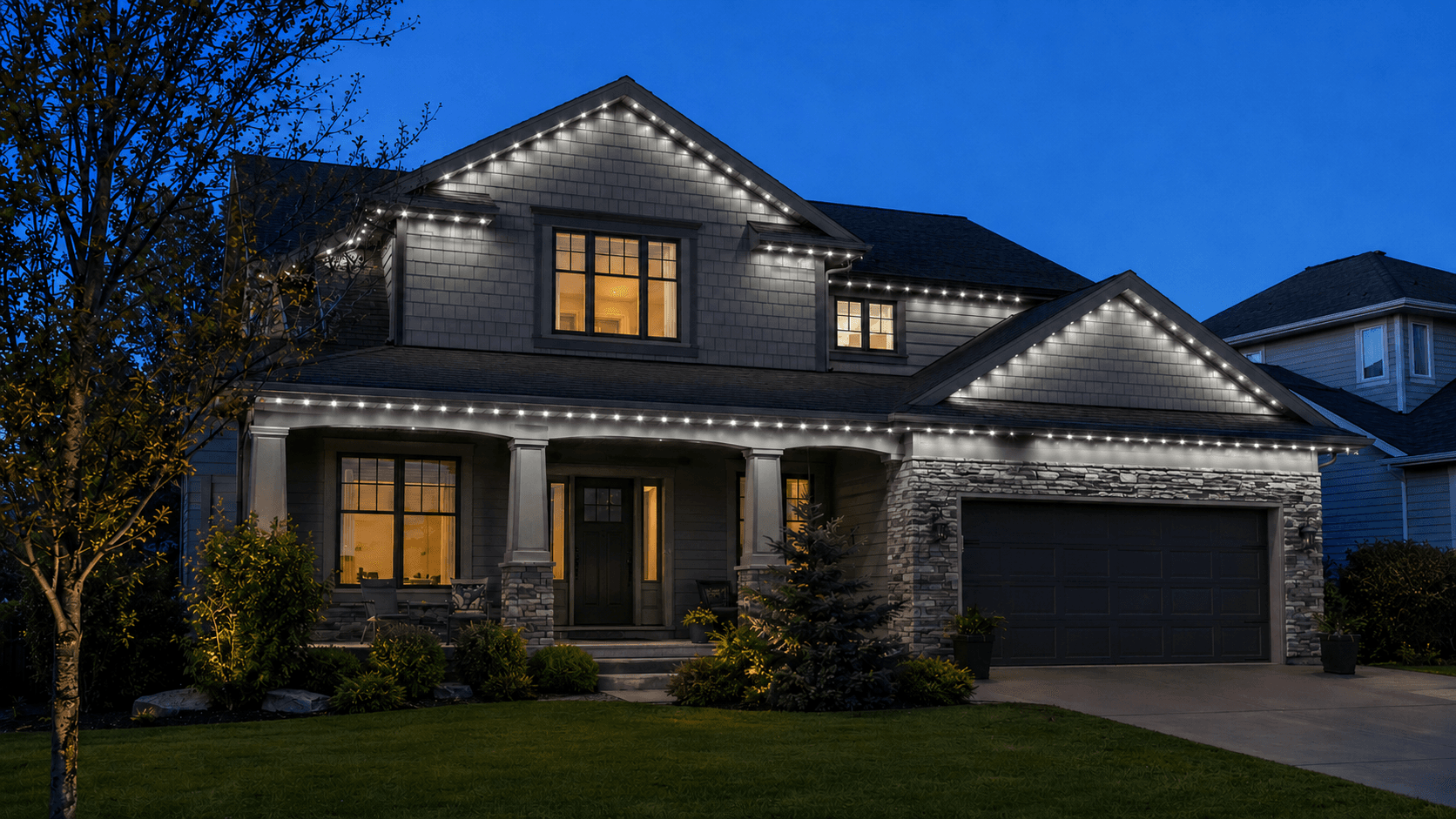 Lighting concept of crisp architectural white permanent lighting on the sample home