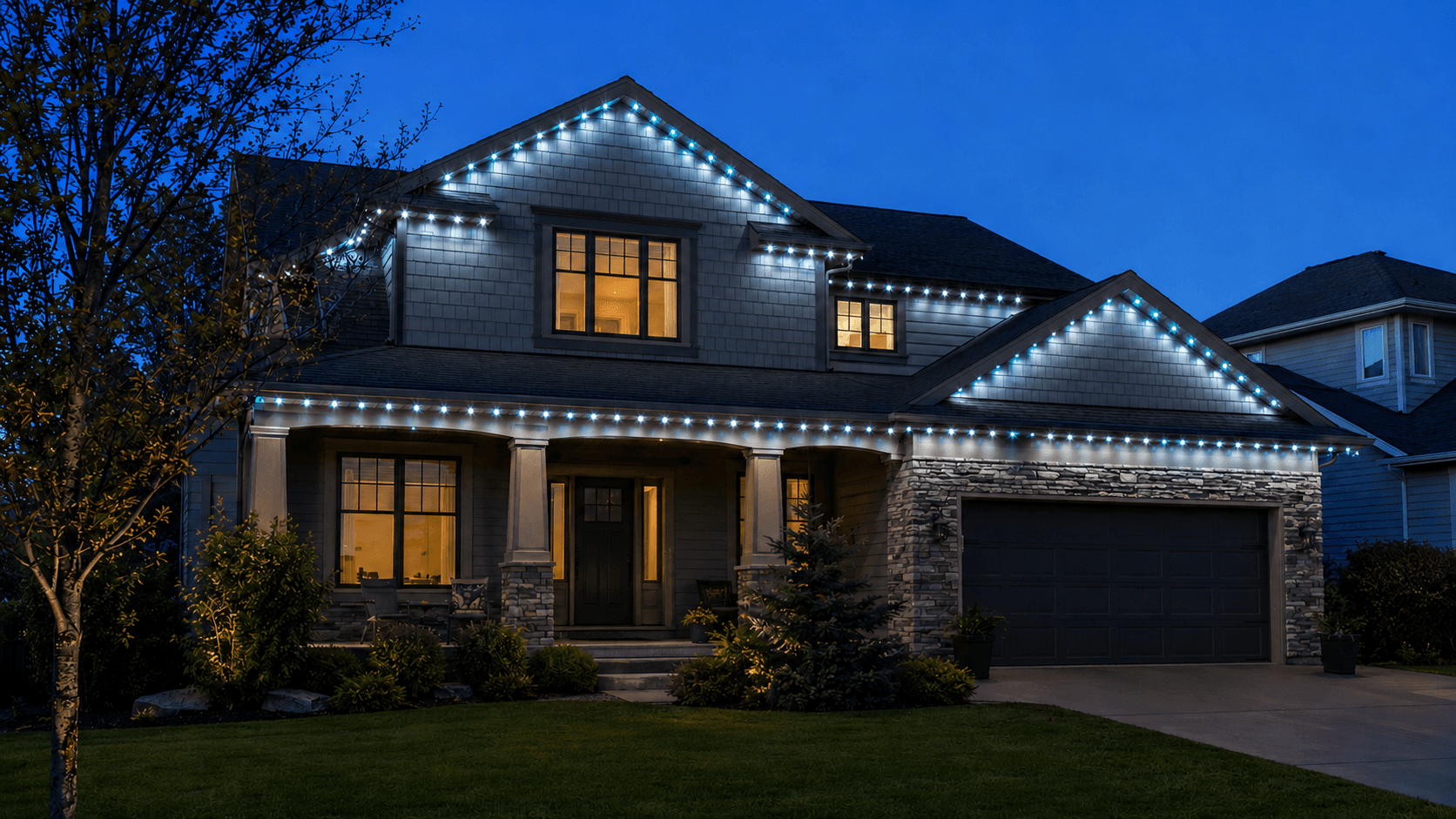 Lighting concept of cool blue permanent lighting on the sample home